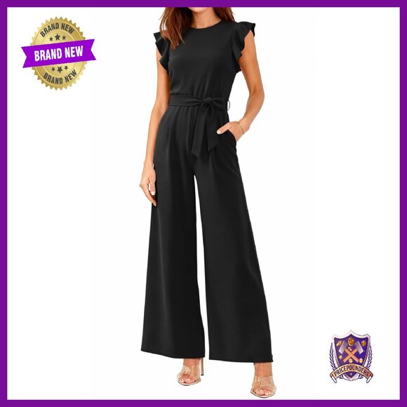 Women's Crew Neck Cap Sleeve Belted High Waist Wide Leg Jumpsuit